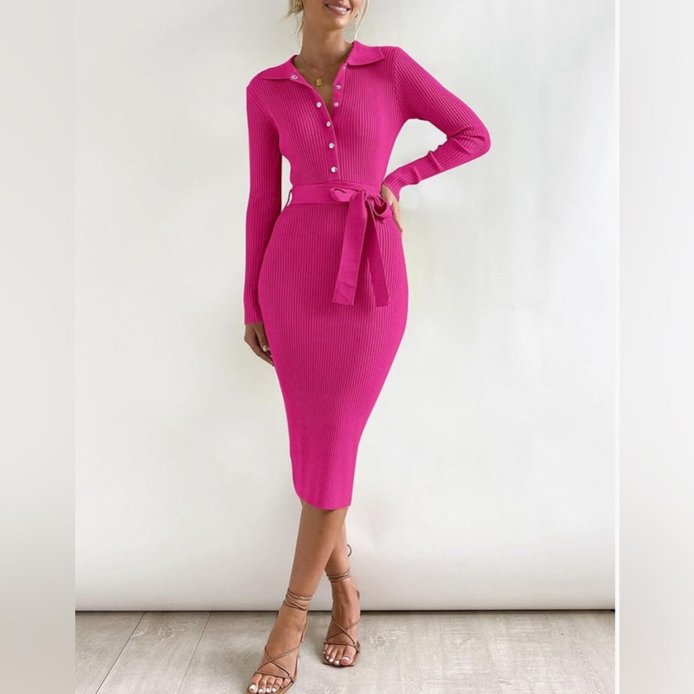 Elegant Pink Ribbed Knit Dress